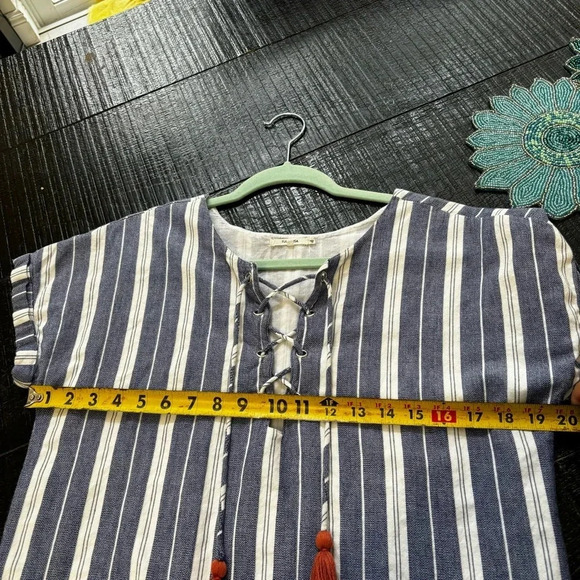 Tularosa Revolve Tunic Top Size S Blue White Striped Tassel Coverup 100% Cotton - Picture 11 of 13